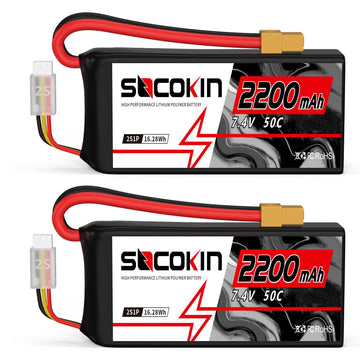 Socokin 2S Lipo Battery 7.4V 2200mAh 50C with XT60 Connector - Soft Case (2 Pack) for RC Cars, Trucks, Drones,