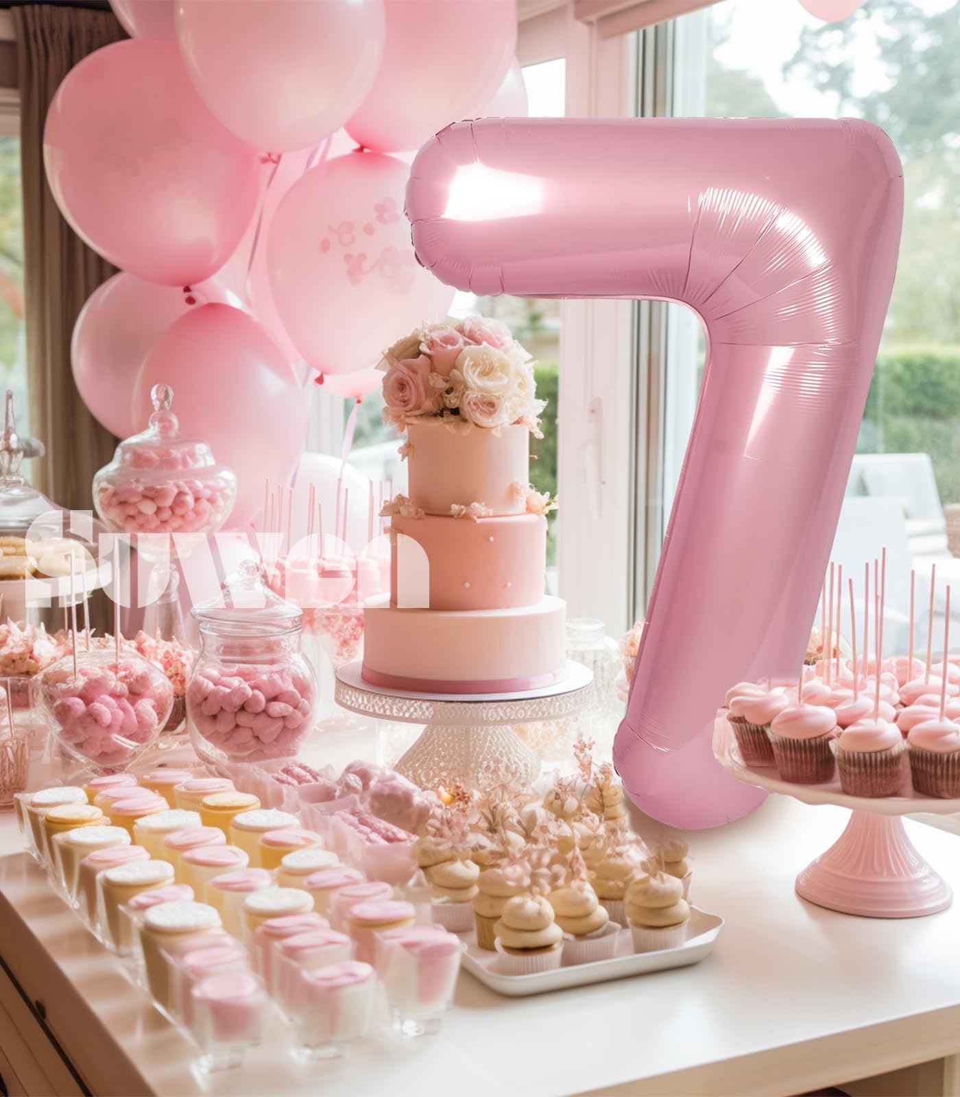 Suwen 40 Inch Pink Large 7 Number Balloons Big Foil Helium Number Balloons 0-9 Jumbo Happy 7Th Mylar Birthday Party Decorations