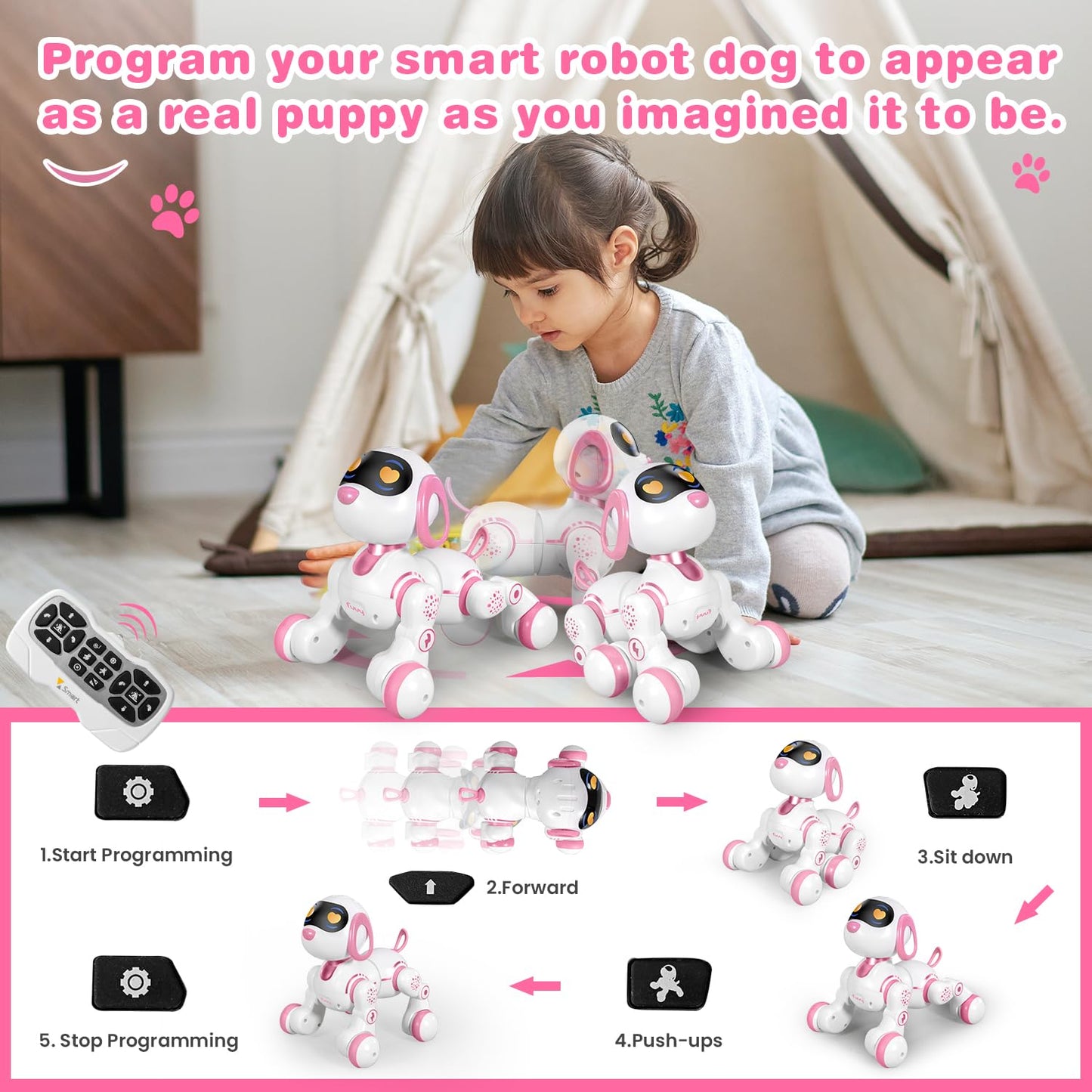 Fuuy Robot Dog Toy For Kids, Easy Programmable Remote Control Dog Robot With Head Touch Sensing & Music Function, Imitates Anima