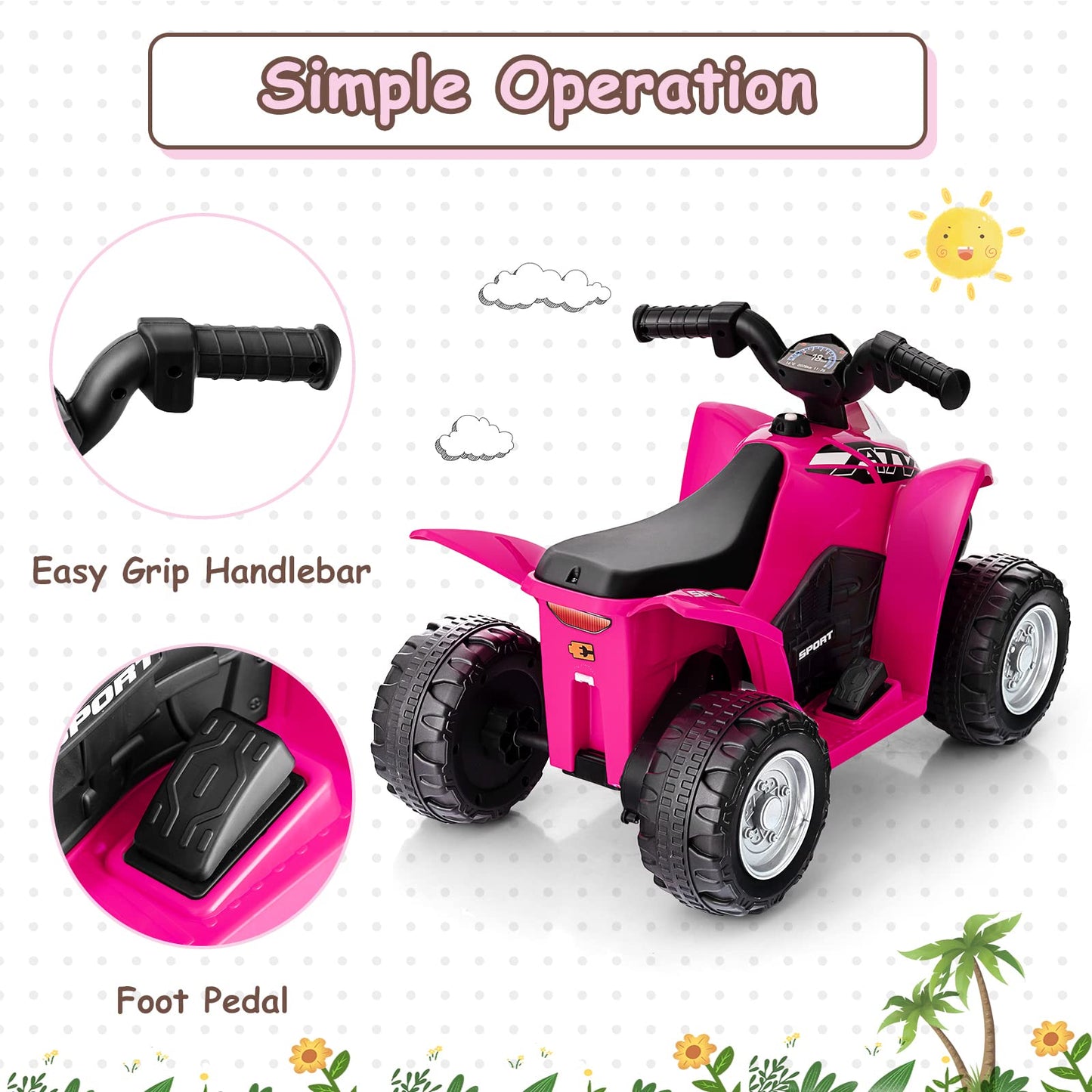 OLAKIDS Kids Ride On ATV  6V Electric Vehicle for Toddlers  4 Wheeler Battery Powered Motorized Quad Toy Car for Boys Girls with LED Lights  Horn (Coral)