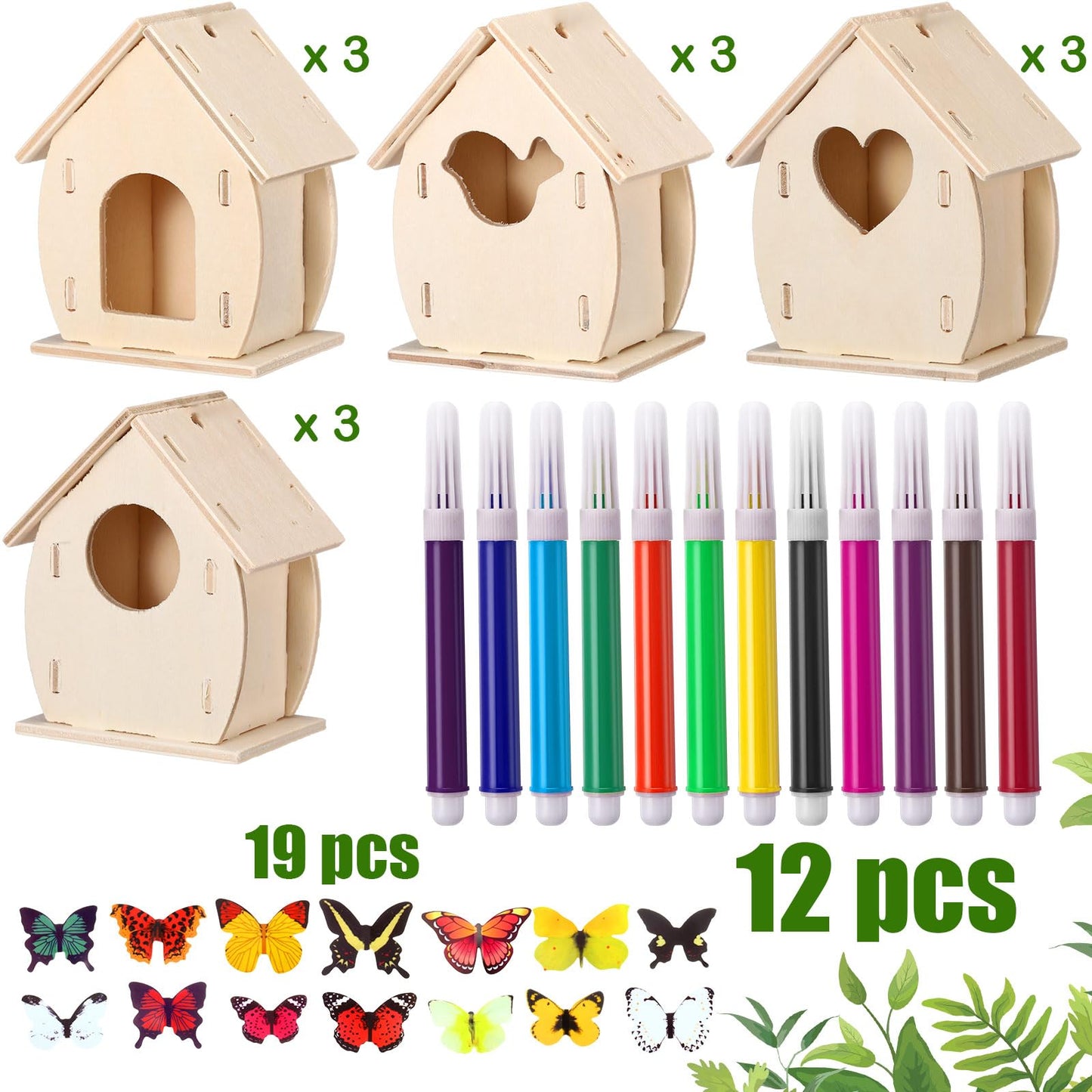 Outus 12 Pcs DIY Wooden Birdhouse Kit,4 Shapes Unfinished Bird House Painting Crafts for Kids with Watercolor Pen and Butterfly