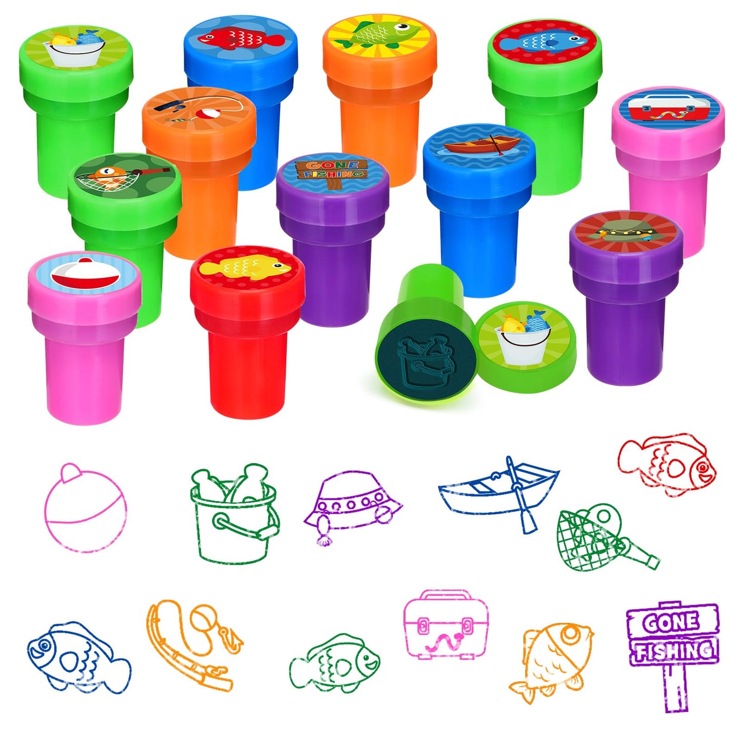 Cinrobiye 24 PCS Gone Fishing Party Stampers,Summer Fishing Birthday Favors for Boys Girls, Little Fisherman Party Supplies, Cla