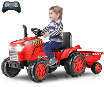 Olakids 12V Kids Ride On Tractor, Battery Powered Motorized Electric Car With Trailer, Dual Motors, Remote Control, Light, Music, Usb, Toddler Vehicle Toys For Boys Girls (Red)