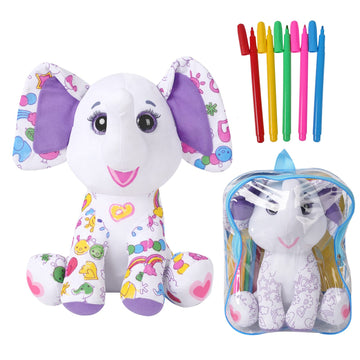 Drawmytoy Coloring Plush Toy With 5 Washable Markers For Little Girls Doodle Dolls For Kids Ages 4-6 Birthday (Elephant)