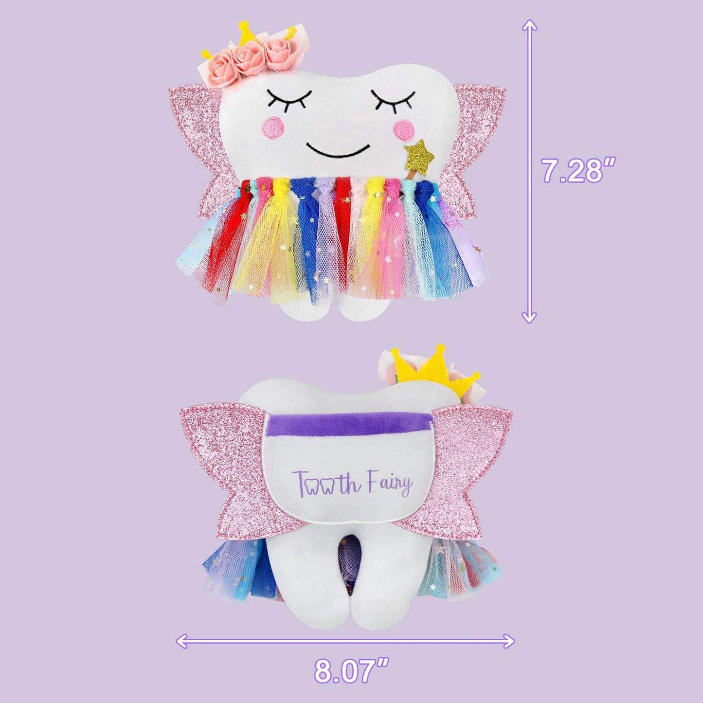 Tooth Fairy Pillow With Pocket For Girls Shiny Wings Tooth Fairy Bag Keepsake Gift For Girl (Colorful)