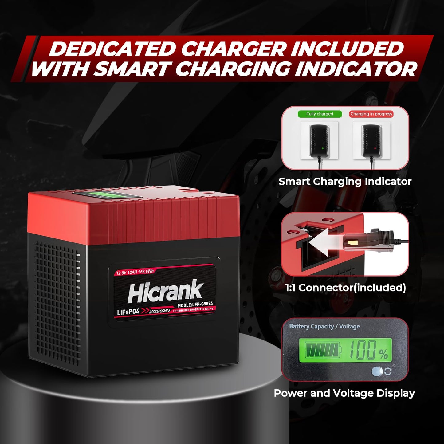 Hicrank Lithium Lifepo4 Power Wheels Ride On Toy Replacement Battery 12V 12Ah,2X Acceleration Capability, (Charger Included) Rec