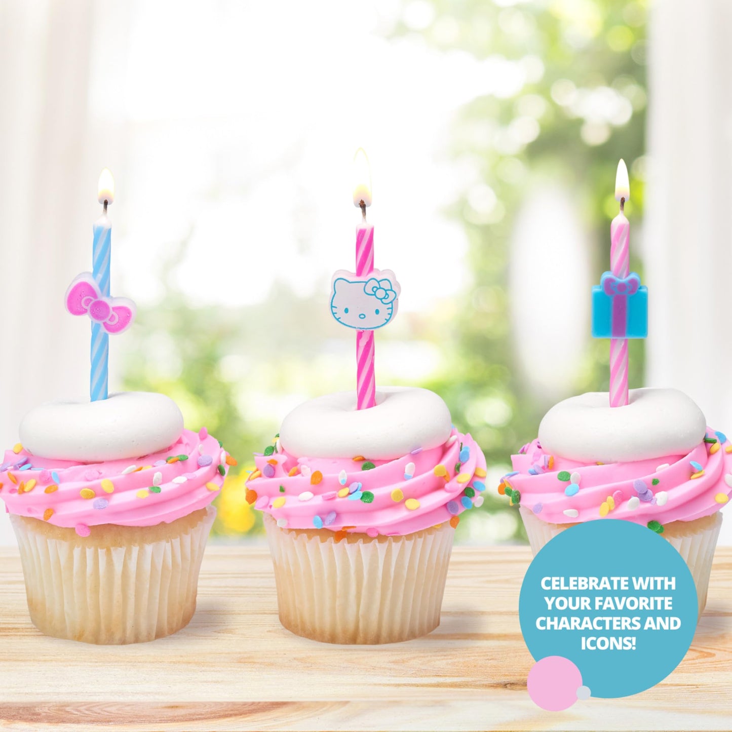 Hello Kitty Birthday Cake Candles | 6 Birthday Candles for Cake Decorations, Pink & Blue Striped Candles, Cupcake Toppers for He