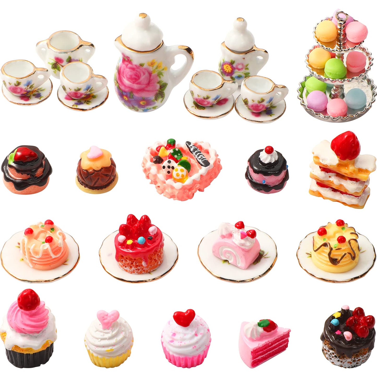 Chengu 40 Pcs 1:12 Scale Dollhouse Miniature Kitchen Accessories Set Includes 15 Flower Pattern Porcelain Tea Cup 24 Mixed Pretend Cake Foods 1 Mini Three-Tier Cake Stand For Decor Supply (Cute Style)