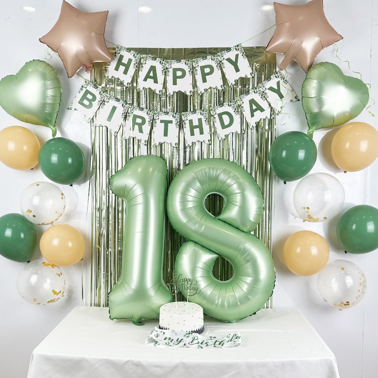 18Th Birthday Decorations For Girls, Sage Green 18Th Birthday Decorations Green Gold Balloons Happy Birthday Banner Sash For 18Th Birthday Party Decor