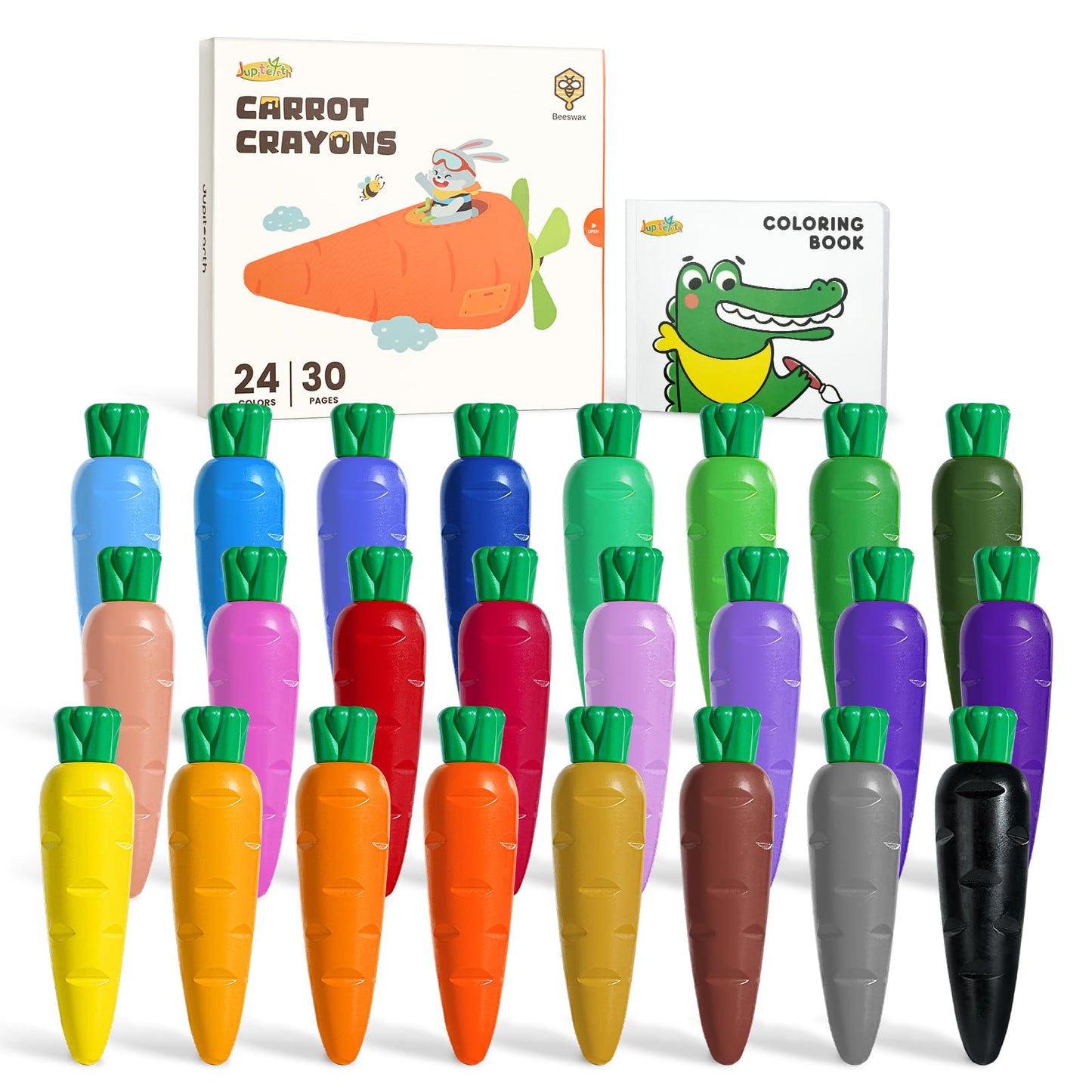 JUPITEARTH 24 Colors Crayons for Toddlers 1-3, Non Toxic Beeswax Carrot-Shaped Toddler Crayons with 30-Page Coloring Book and 12