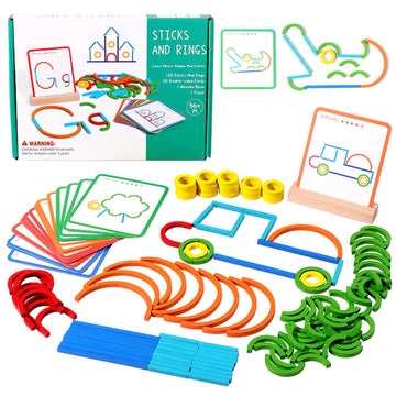 120Pcs Wooden Pattern Blocks, Sticks & Rings Wooden Tangram Puzzle Stem Preschool Brain Teaser Montessori Toys Gift For 3 4 5 Years Old Toddler Kids Boy Girl