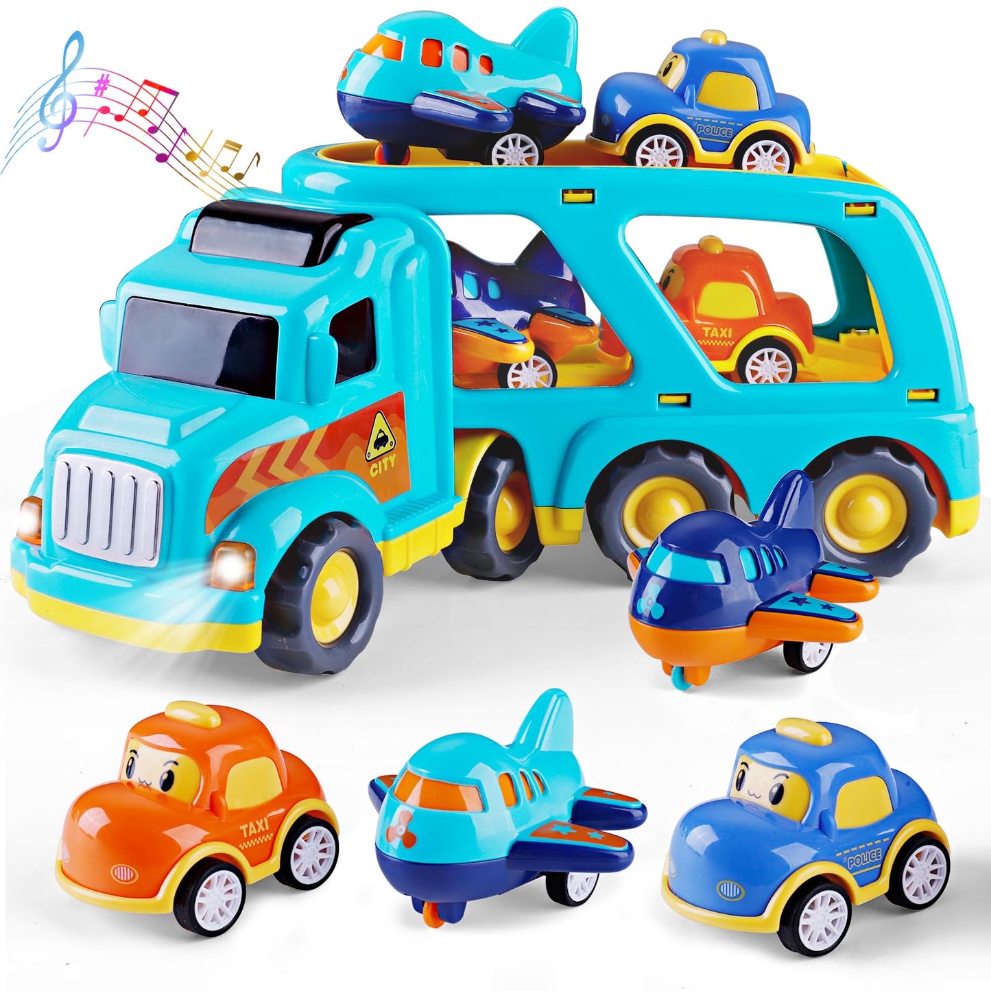 SHAWE 5 in 1 Toys Cars for 3 4 5 6 Years Old Toddlers Boys Girls Gifts, Transport Truck Toys with Sound & Light, Cute Pull Back