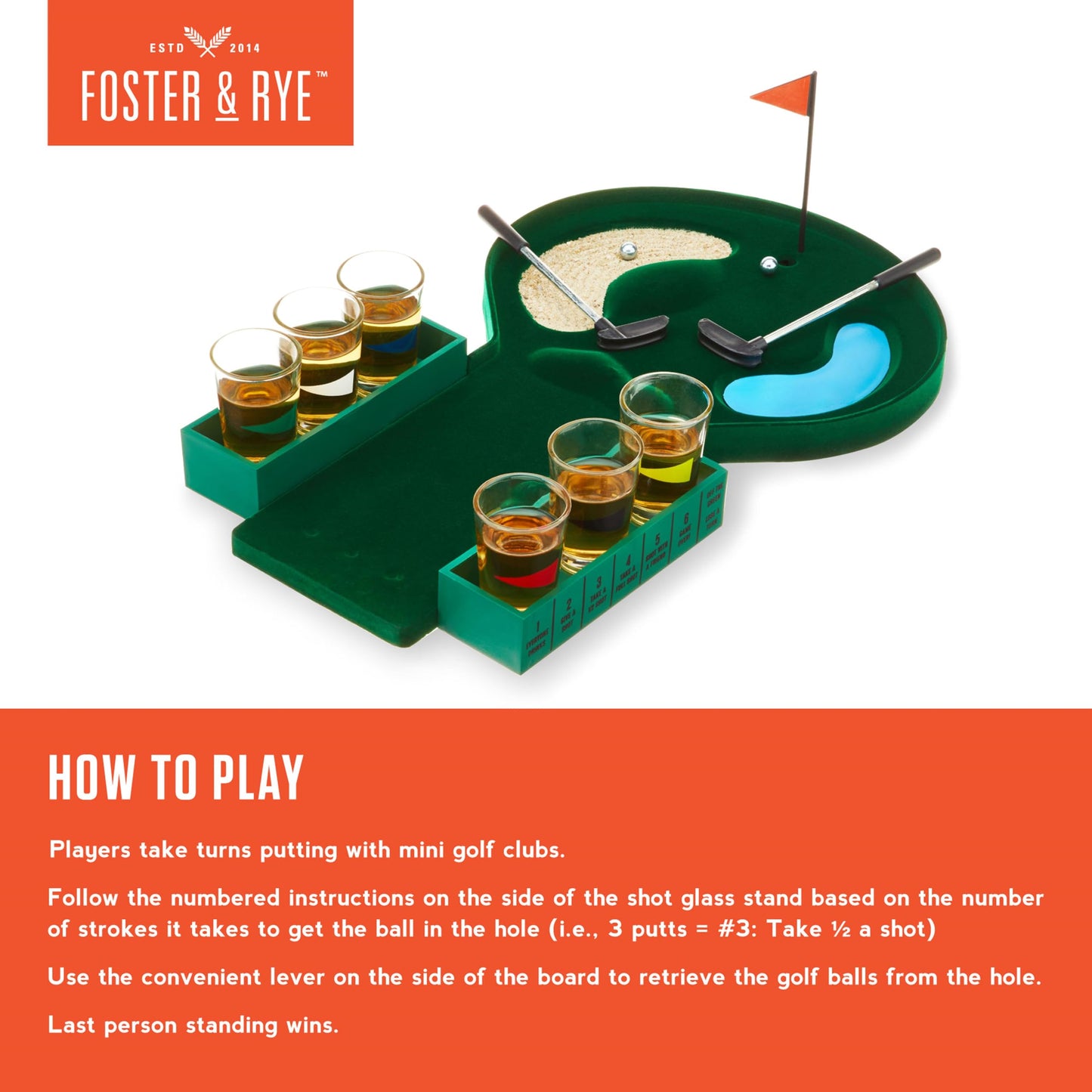 Foster & Rye Mini Golf Shot Game Set - Drinking Game for Adults, Glass/Plastic/Wood, Green, Model 10504, Set of 1, 2+ Players