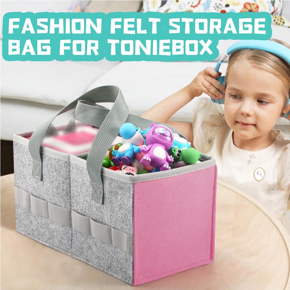 Seracle Carrying Case Travel Felt Bag Compatible With Toniebox Starter Set And Tonies Figurine (Gray+Pink)