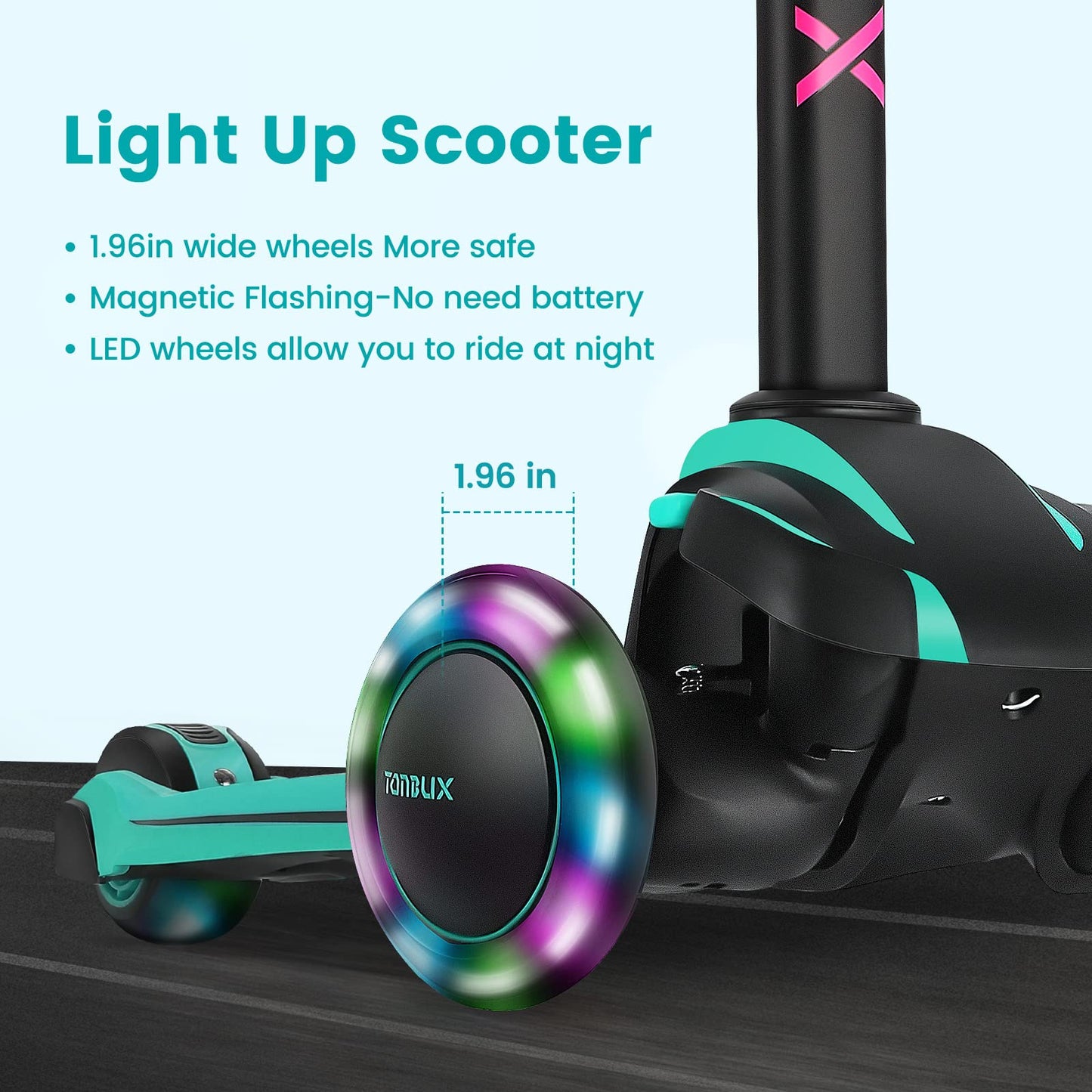 TONBUX Kids Scooter - 3-Wheel, Adjustable Height, Light Up, Shock Absorption, Green, Age 3-12, Model HU-XI-152
