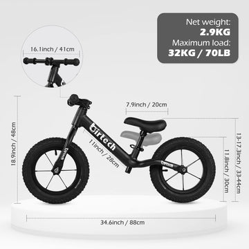 12' Balance Bike For 2, 3, 4, 5 Year Old Boys And Girls, Lightweight Nylon Frame Toddler Training Bike No Pedal Bikes For Kids With Adjustable Seat And Air Tires (Black)