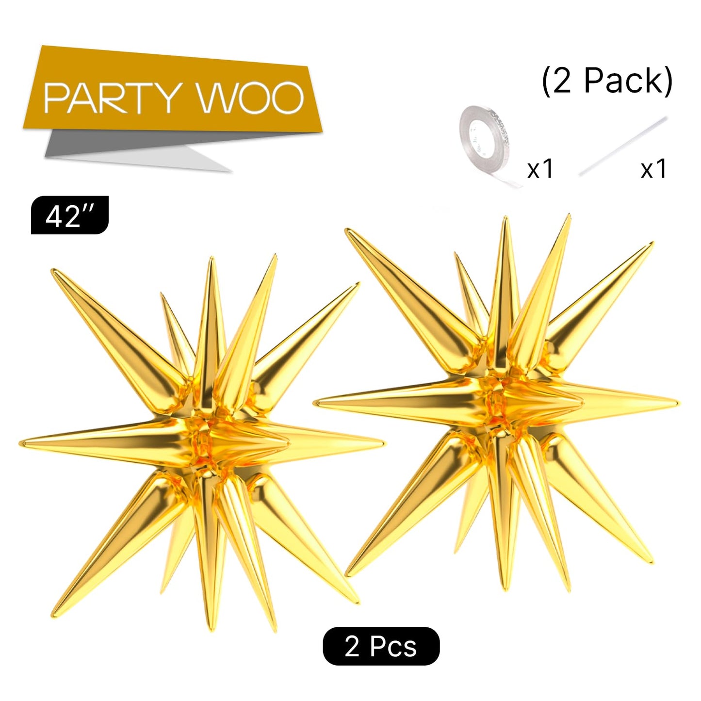 Partywoo Gold Star Balloons, 2 Pcs 42 Inch Large 14-Pointed Starburst Balloons, One-Piece Star Explosion Balloons With Ribbon, Point Star Foil Balloons, Mylar Balloons For Birthday Party Decorations