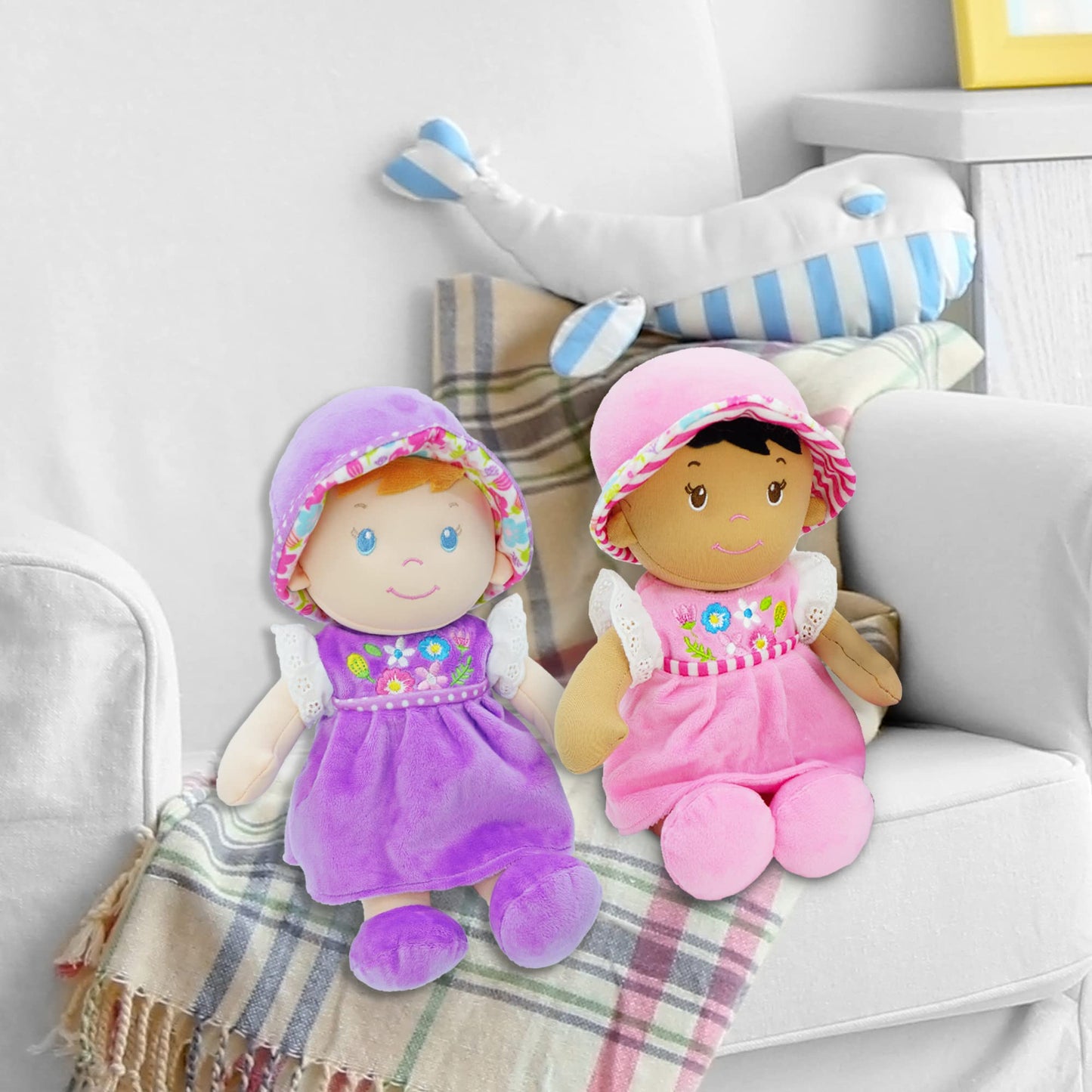 June Garden 12'' Soft Dolly Malorie - Stuffed Soft Baby Doll Gift For 1 2 3 Year Old Girls - Pink Dress