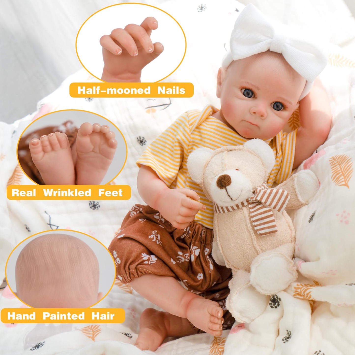 Jirachi Lifelike Reborn Baby Dolls, Real Life Full Body Newborn Baby Girl, 18 Inch Realistic Reborn Baby With Accessories For Girls Yellow