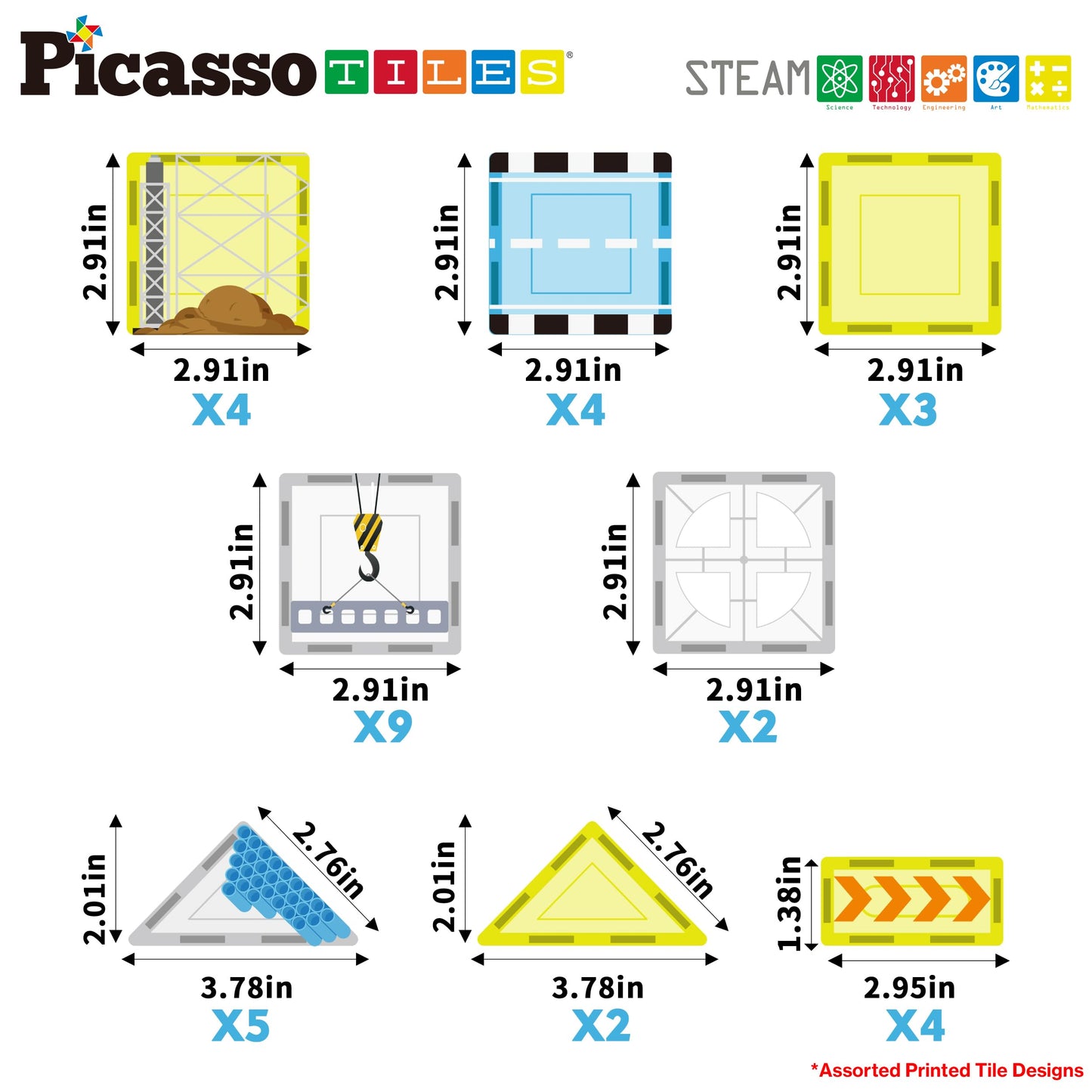 PicassoTiles Magnet Tiles Magnetic Building Blocks with 8 Construction Vehicles Crank Truck Excavator Bulldozer Road Roller Conc