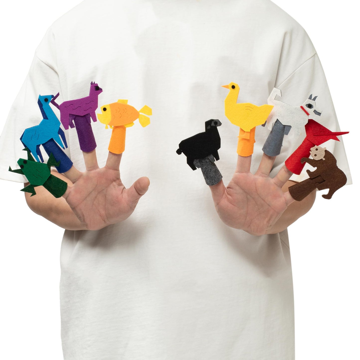 Felt Color Brown Bear Finger Puppets, 9pcs Feeling Sorting Red Bird, Yellow Duck, Green Frog, White Dog, Goldfish, Purple Cat, B