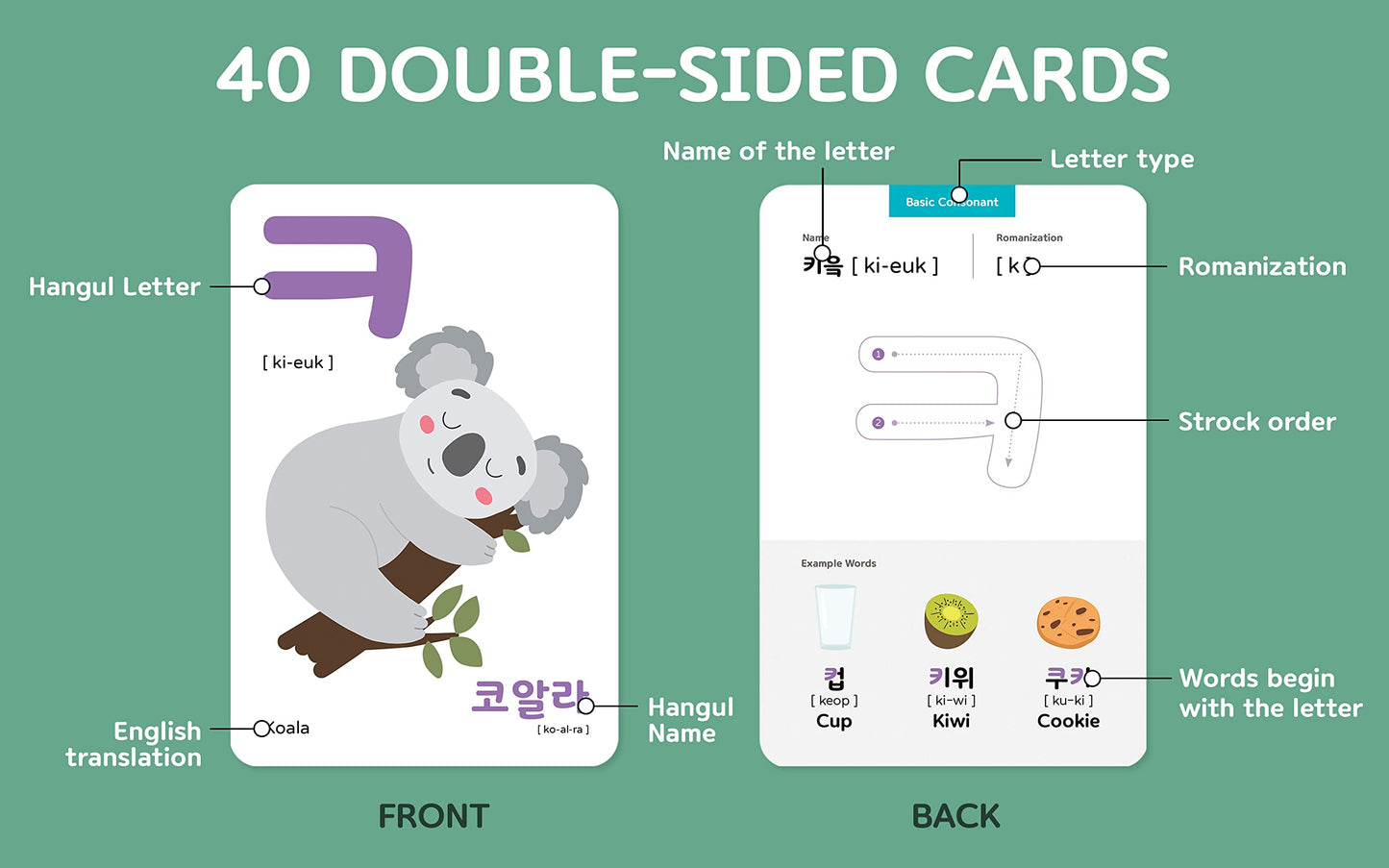 Stellarsol 40 Korean Flash Cards - 4x6 Dry Erase Hangul Flashcards (Gift Box)