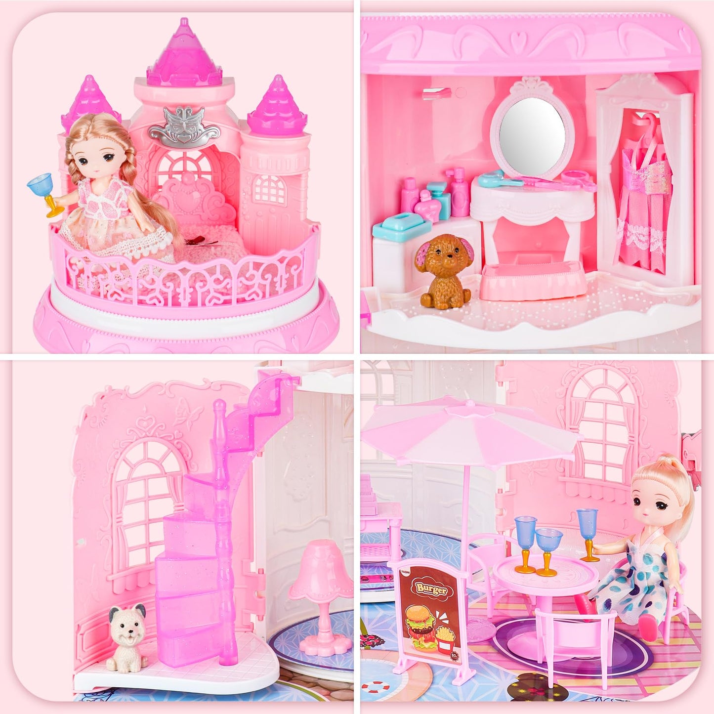 deAO Portable Doll House Playset Castle with 2 Doll Toy Figures  Living Room  Bedroom  Balcony & Accessories for 3 to 7 Year Olds Kids (Pink)