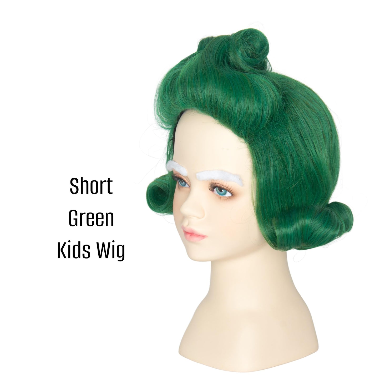 Yan Dream Kids Short Wavy Green Wig With White Eyebrows For Child Funny Wigs Halloween Party