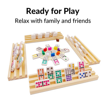 Mexican Train Dominoes Set With 4 Wooden Trays/Racks, Double 12 Dominos Travel Set With 4 Domino Tiles Holders, 91 Tiles Double 12 Colored Dominoes Game Set With Portable Case For Families Kids