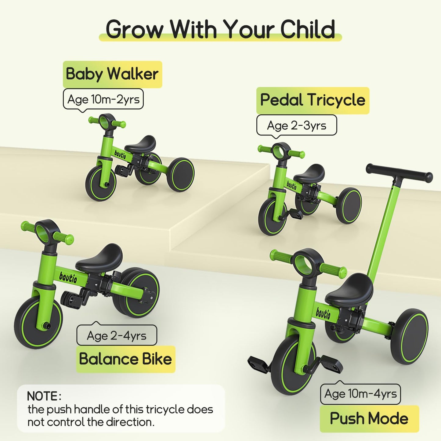 Bautia Kids Tricycle for Toddlers 1-3 with Push Handle, 5 in 1 Baby Balance Bike for 1-4 Years Old Boys Girls Gift with Removabl