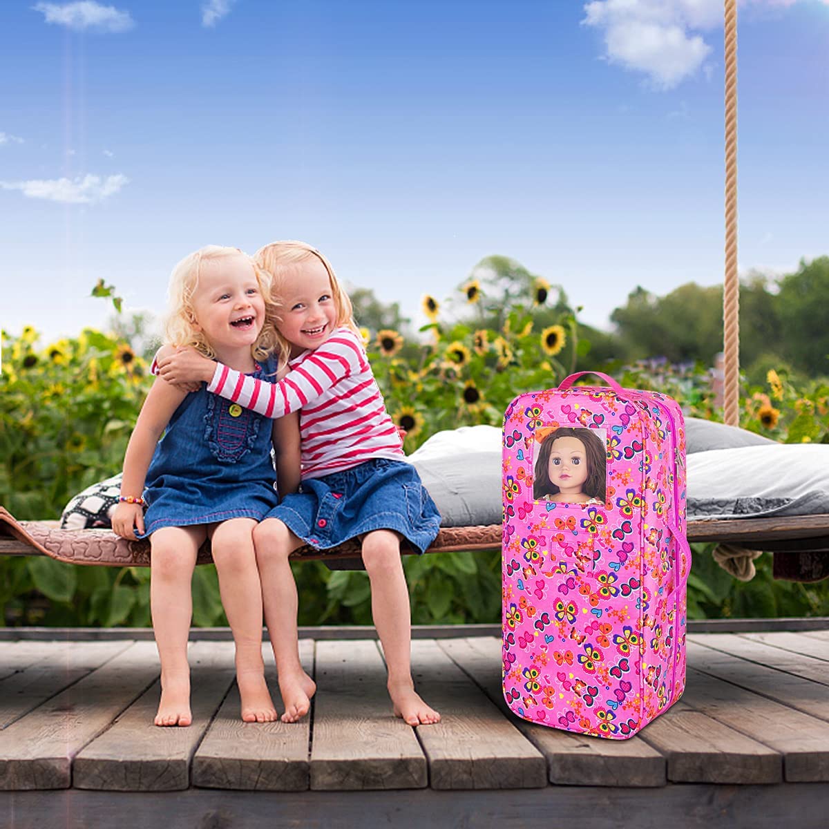 ZITA ELEMENT 18 Inch Doll Travel Carrier Case - Pink Nylon Crossbody Bag with Multi-Pockets and Storage Closet for Doll Accessories
