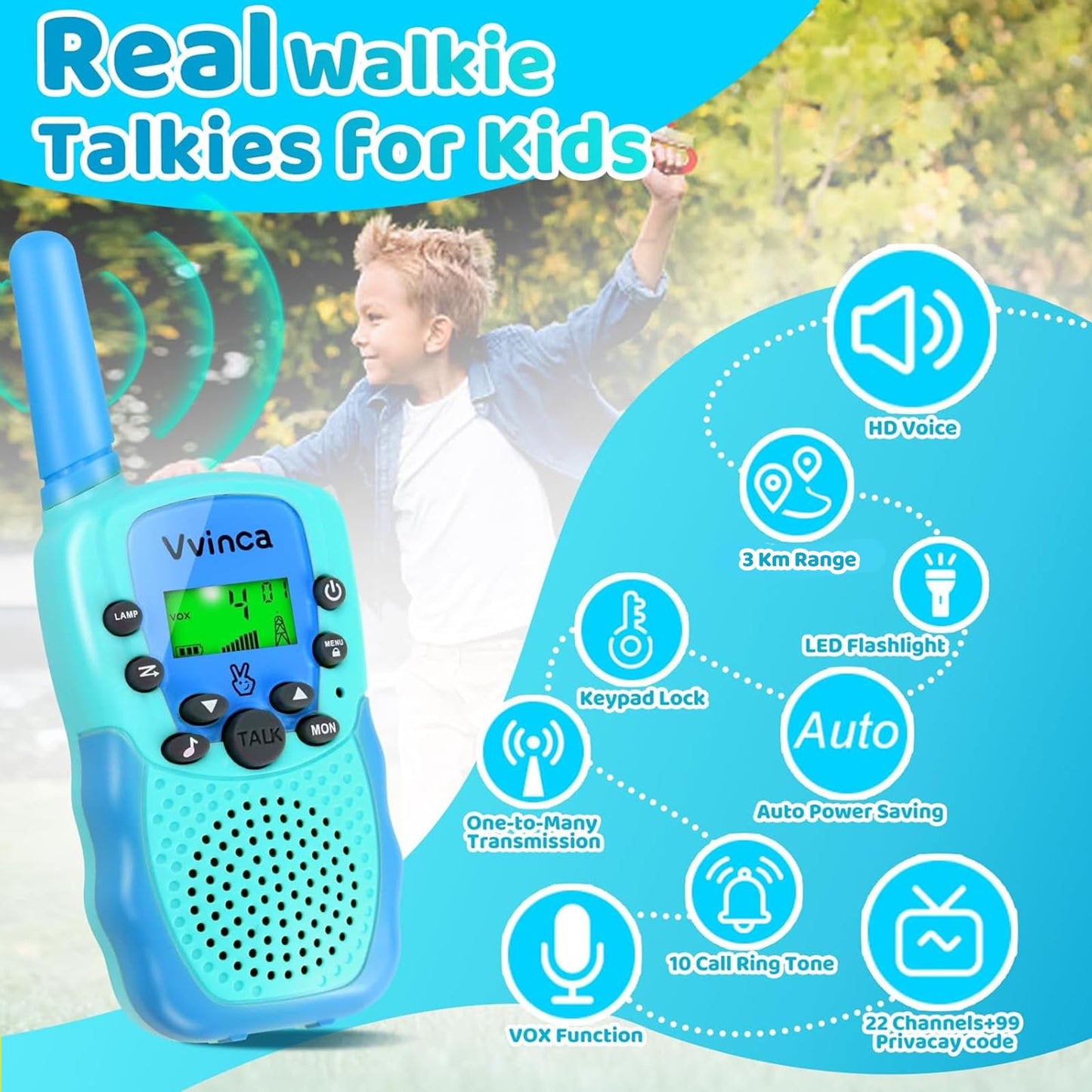 Vvinca Rechargeable Walkie Talkies For Kids, Long Range 22 Channels 2 Way Kids Walkie Talkie With Flashlight For Camping Hiking