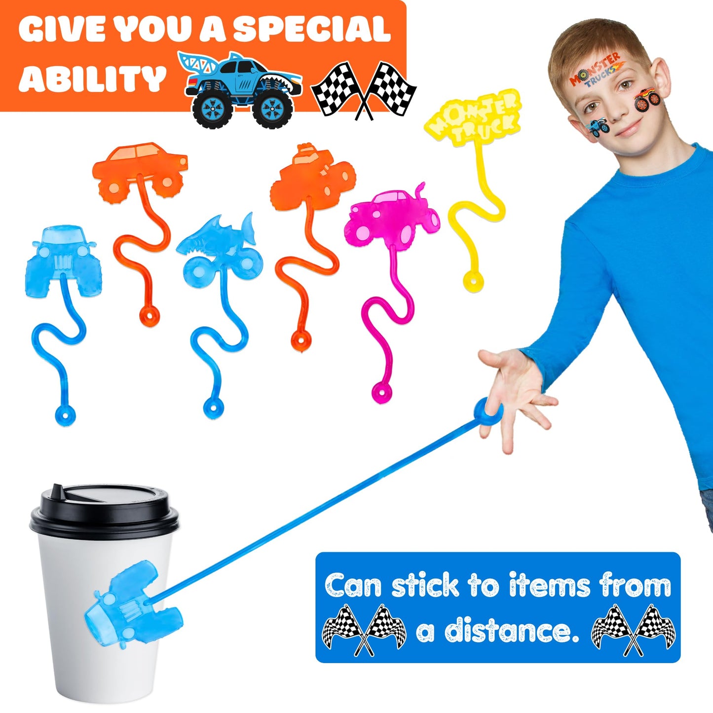 36PCS Monster Truck Party Favors - 24PCS Temporary Tattoos 12PCS Sticky Hands Perfect Birthday Supplies for Kids Stretchy Fidget