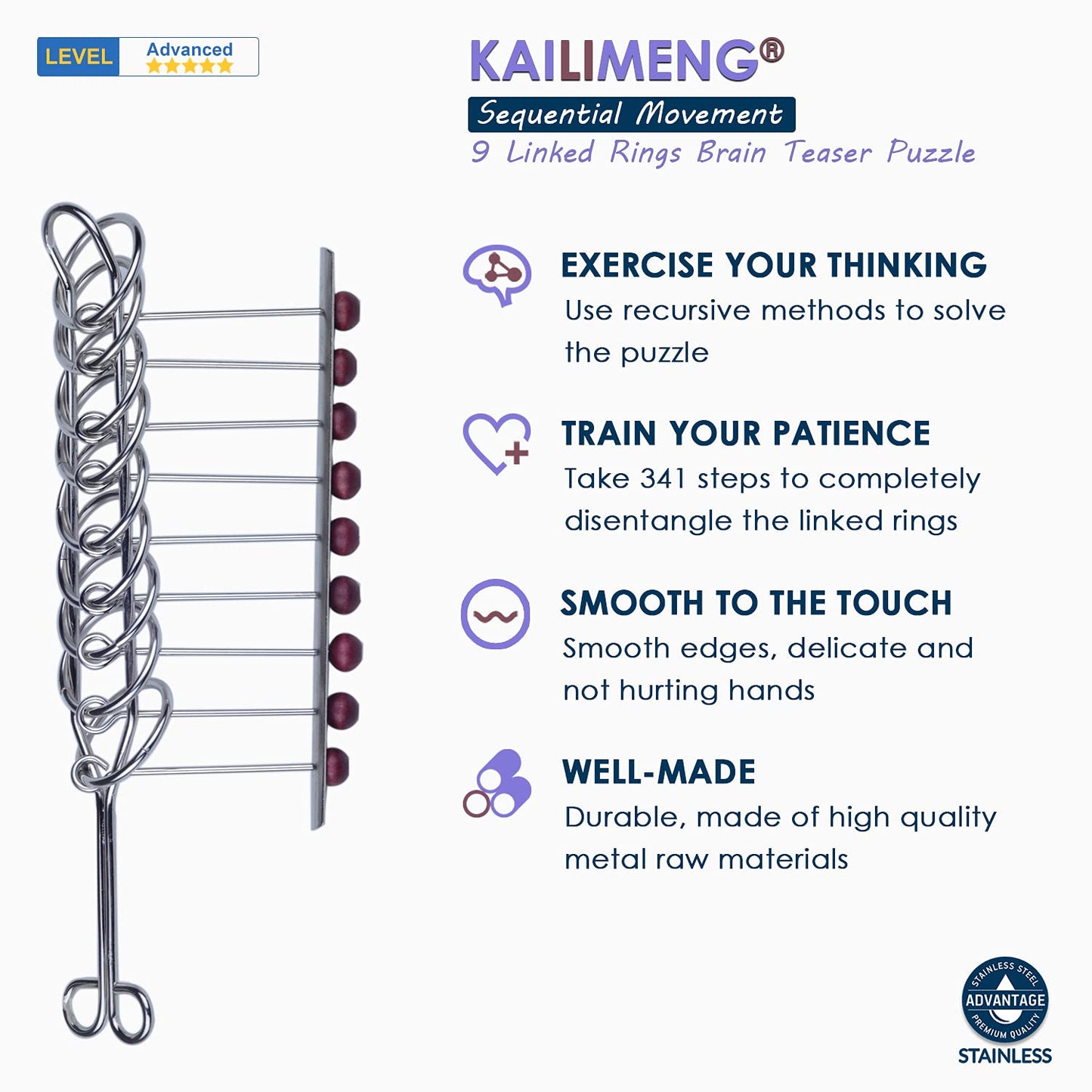 KAILIMENG 9 Linked Rings Metal Puzzle - Adult Brain Teaser - 8.6" x 3.4" IQ Trick Toy - Challenging Mind Game for Adults