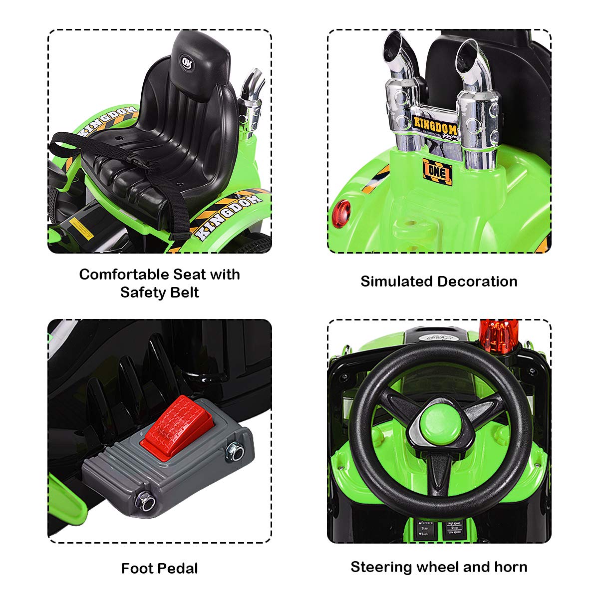 Honey Joy Ride On Excavator, 12V Battery Powered Construction Vehicles For Kids, Front Loader Shovel W/Horn, 2 Speeds, Forward/Backward, Safety Belt, Kids Bulldozer For Boys Girls(Green)