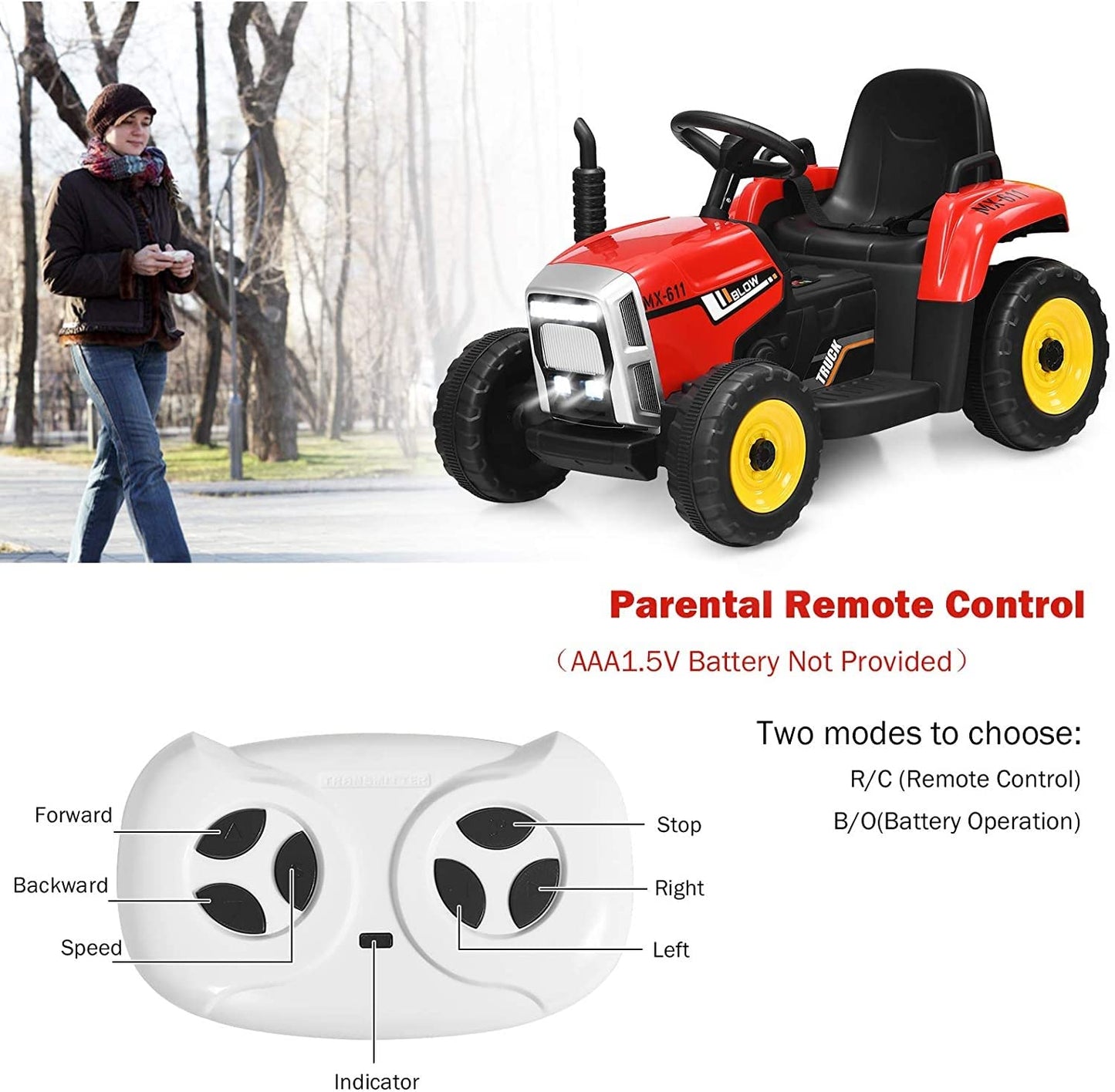 Costzon Ride On Tractor With Detachable Trailer, 12V Kids' Electric Vehicles W/3-Gear-Shift Ground Loader, Wireless Design & Usb, 7 Led Headlights, Remote Control Tractor Toys For Kids 3+ (Red)