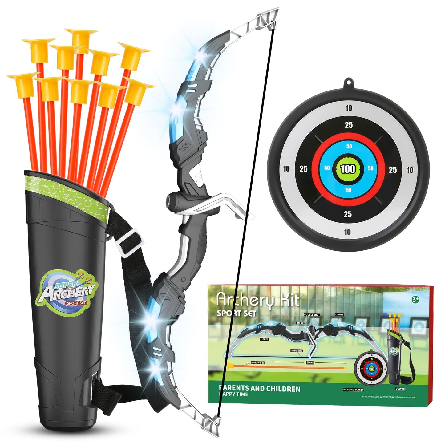 Yanlly Kids Bow And Arrow Set, Led Light Up Archery Toys Set For Kids Ages 4-8 8-12, With 10 Suction Cup Arrows, Target & Quiver