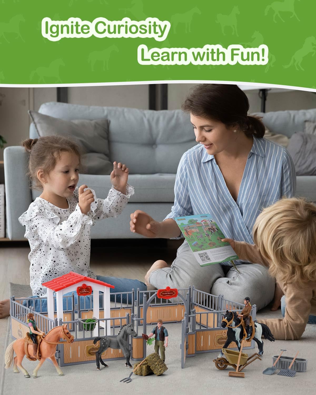DuDuMo Horse Stable Playset with 3 Horses & 2 Riders, Plastic Farm Animal Toys for Kids, Green Color, Ages 3+