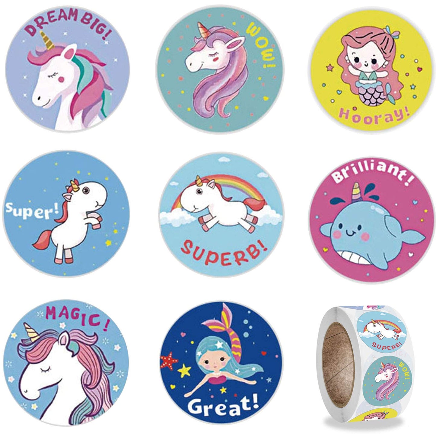 Roranic Cute Unicorn Mermaid Princess Stickers Roll For Girls,500Pcs 2.5Cm/1In Reward Stickers For Classroom Birthday Party Favo