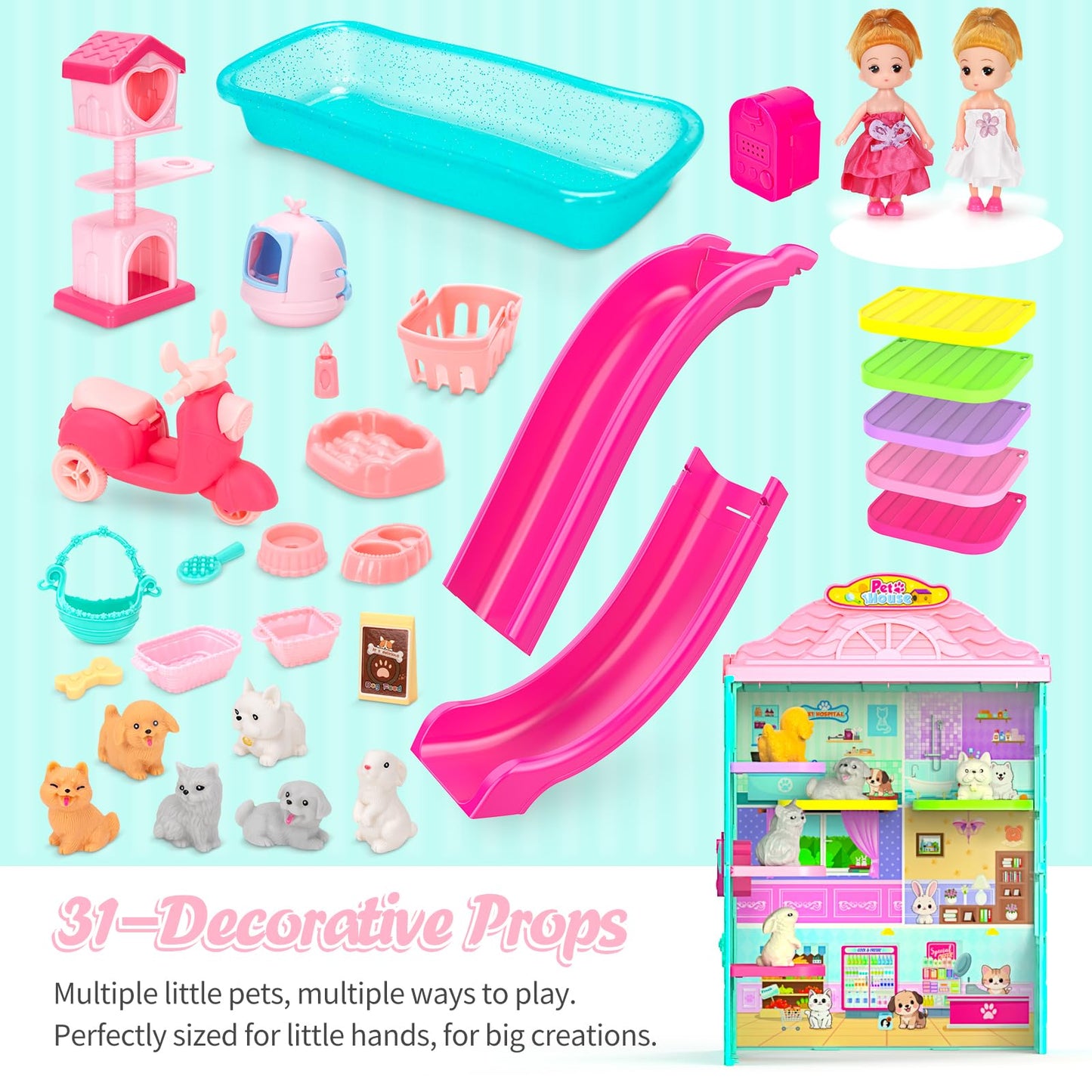 Foldable Pets Dollhouse Toy Play Set, Doll House of Pets with 31+ Accessories Includes Dolls, Motor, Pool, Little Pets, Slide an