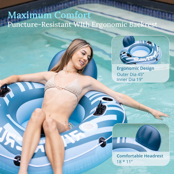 2-Pack Sunrio 2024 New & Sky Blue Pool Floats enhanced River Tube with Mesh Bottom Backrest & Cup Holder Giant Floaties for mature-themeds Fashion Pool Floaties for Occupations & Recreation Pool Lounger(Blue)