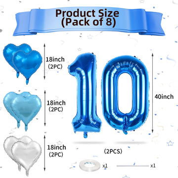 Biapian 40 Inch Blue Number 10 Balloons, 8Pcs Large Foil Number 1 & 0 Balloons With 18'' Blue Silver Heart Shape Balloon For 10T