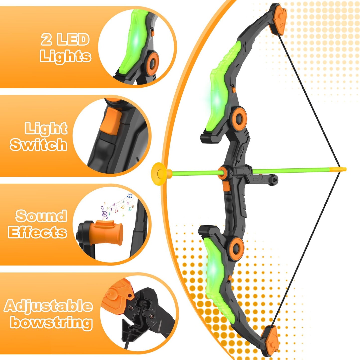 Kids Bow And Arrow Set With Led Flash Lights, 10 Suction Cup Arrows, Quiver And Fluorescence Standing Target-Perfect Indoor And