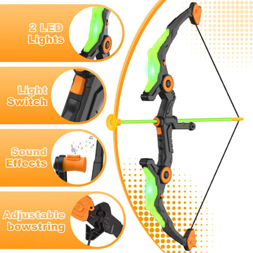 Kids Bow And Arrow Set With Led Flash Lights, 10 Suction Cup Arrows, Quiver And Fluorescence Standing Target-Perfect Indoor And