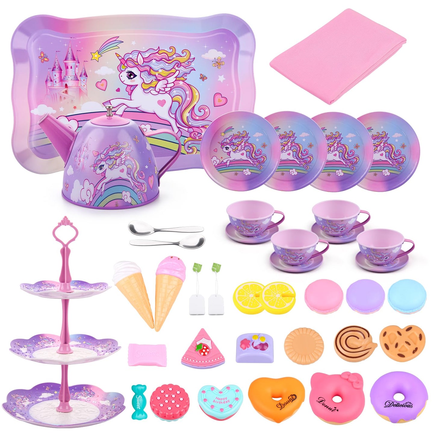 Auney Tea Set Toys for Girls 36pcs, Unicorn Tea Party Toy Pretend Play Toddler Toys, Girls Toys for Birthday Including Carrying
