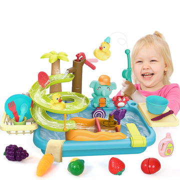 Sitodier Play Sink Toy With Running Water, 4-In-1 Kitchen Sink Toy For Toddlers 3+ Years With Manual Pump, Water Slide Track, Fi