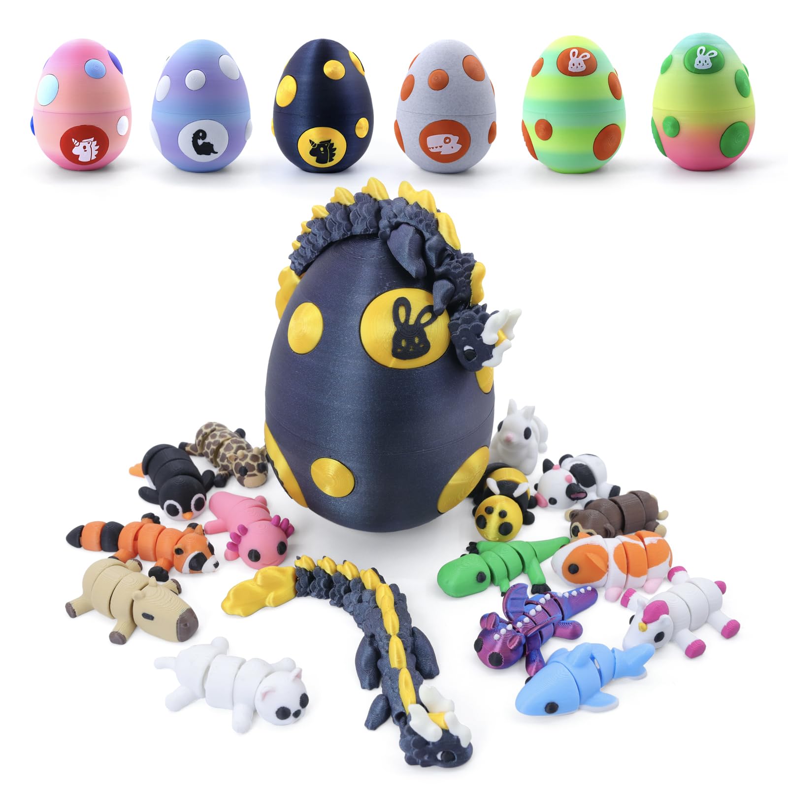 HyBaiS Mystery Mini 3D Printed Articulated Animal Figurines Set with Egg Little Cute Animals Pocket Pet 3D Animals Toys 3D Printed Miniature Figurines Gift(Dragon&Axolotl &Capybara