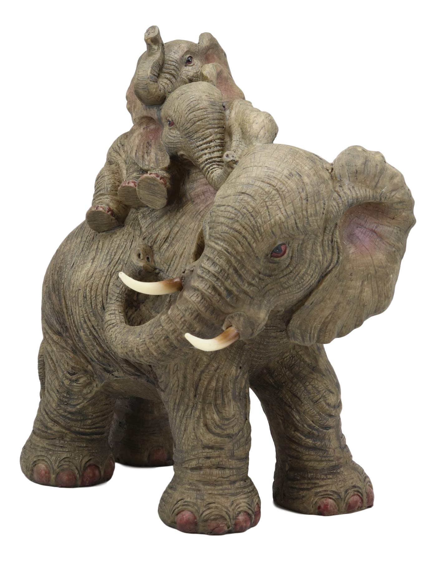 Ebros Wildlife Elephant Father And 2 Calves On Piggyback Playing Statue 10.5' Tall Resin Safari Elephants Family Figurine Sculpture Decor Gifts