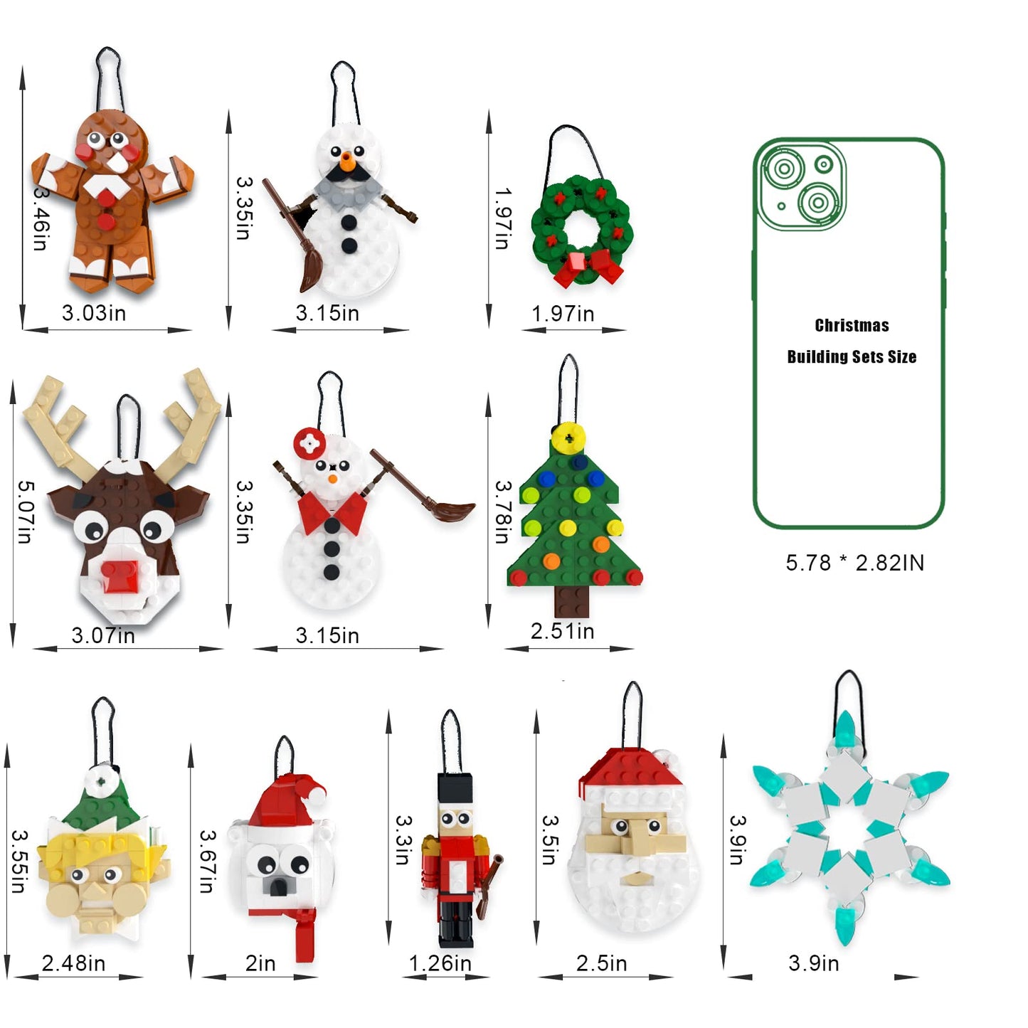 Tenhorses Christmas Tree Ornament 11-In-1 Building Sets, Wreath, Santa, Snowman, Nutcracker, Polar Bear, Gingerbread, Reindeer, Snowflake, Hanging Christmas Decor Toys Gift For Girls Boys Or Kids.