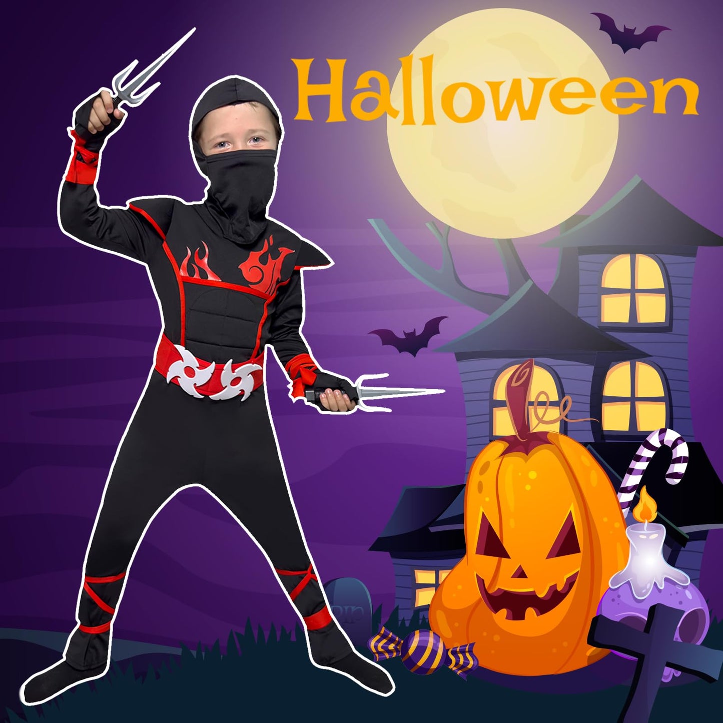 Zuffeloria Kids Ninja Costume with 7 Safe Plastic  - Boys Halloween Cosplay Outfit with Ninja decorative replica blade  Kunai  Shuriken & Accessories(M 8-10 years)